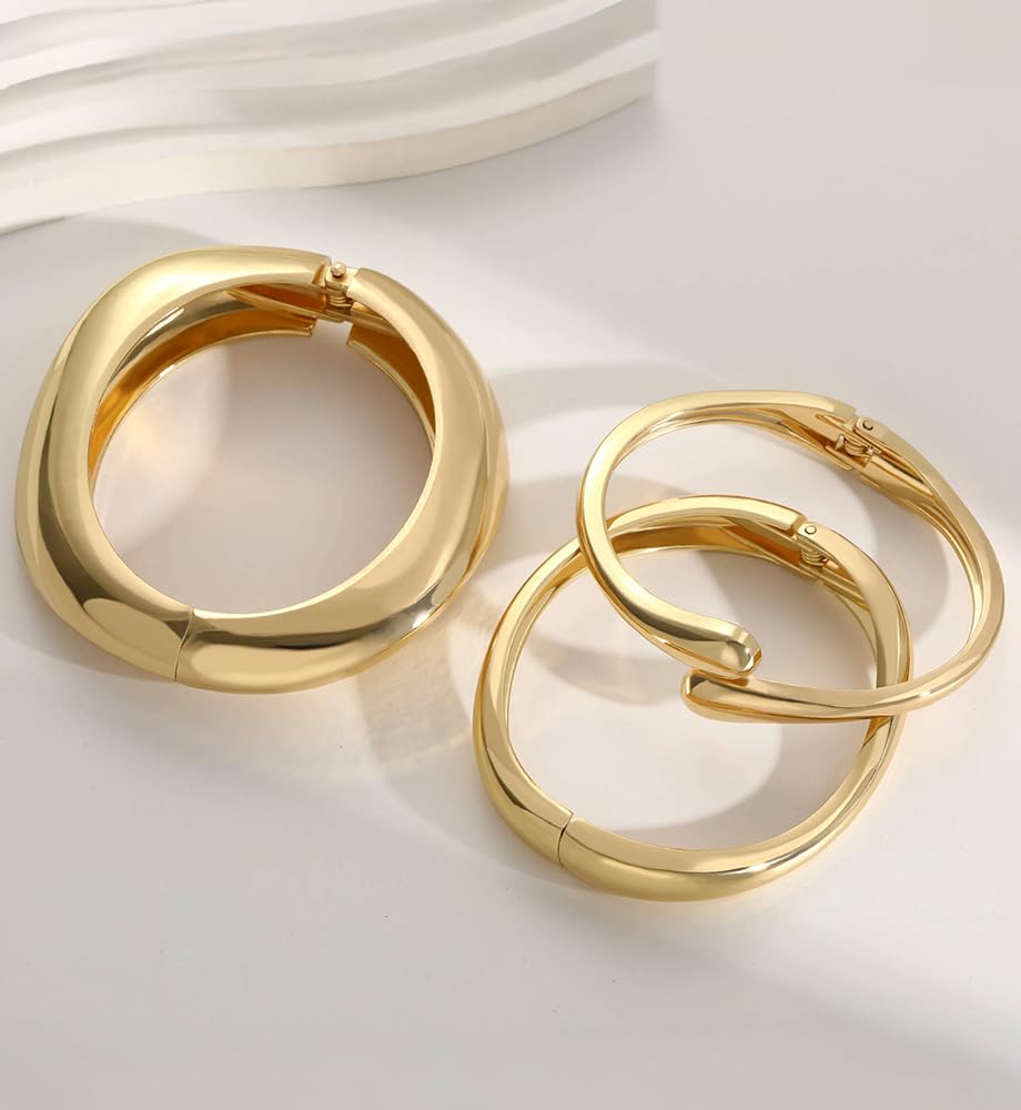 Chunky Gold Bangle Bracelets for Women, Dainty 14k Gold Plated Big Stackable Bangles Set, Trendy Cuff Bracelet Stack Fashion Jewelry Gifts (A1-gold)