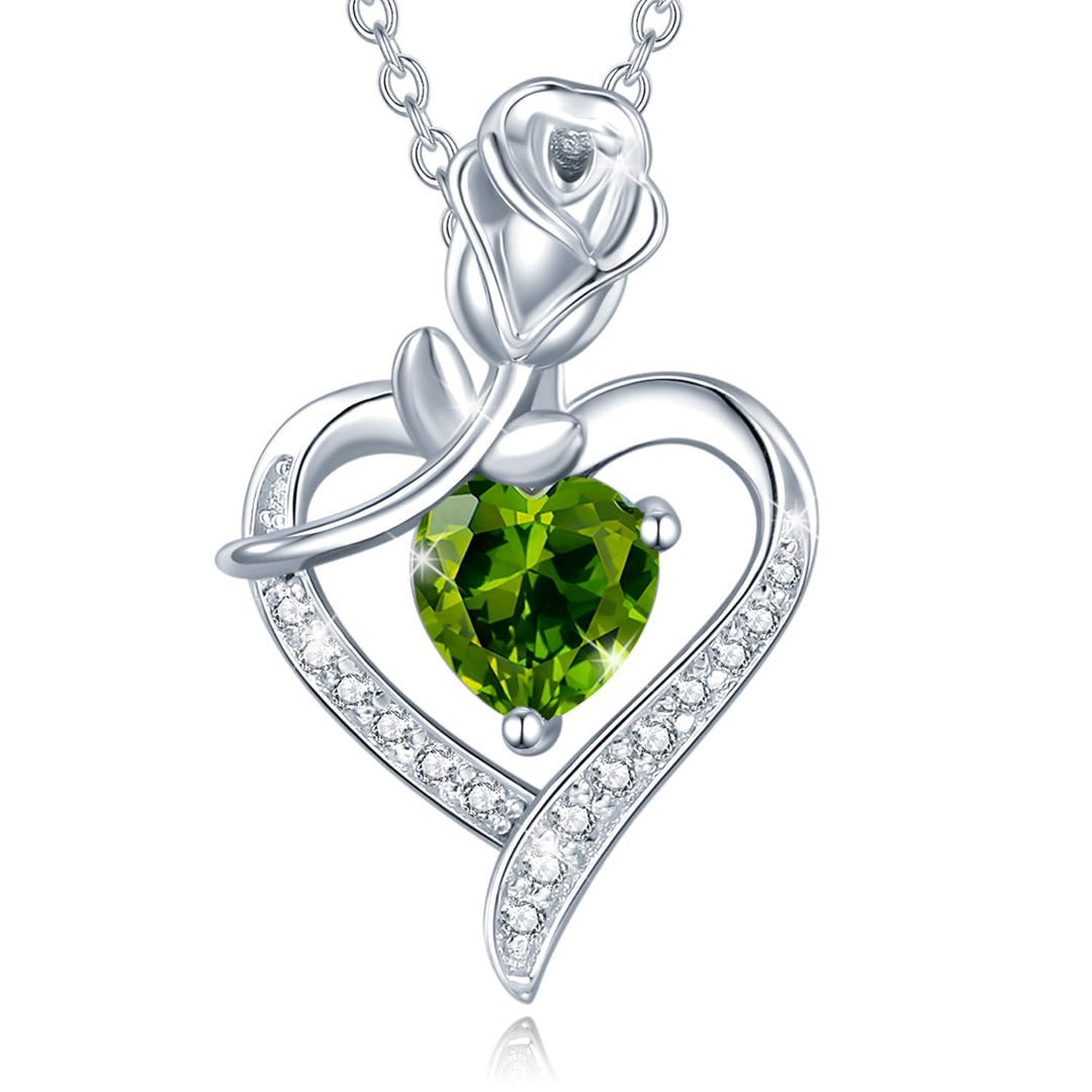 AGVANA August Birthstone Jewelry Peridot Necklace for Women Sterling Silver Rose Flower Heart Pendant Necklace Fine Jewelry Anniversary Birthday Gifts for Women Mom Wife Lady Her