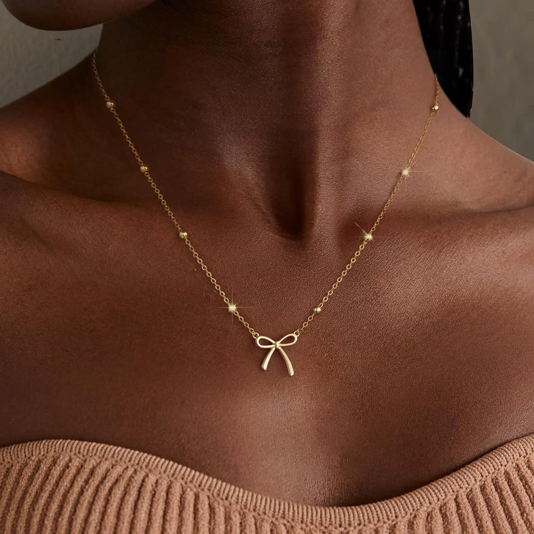 Thaivor Stocking Stuffers Necklace for Women Dainty Bow Necklace 14K Gold Plated Cute Choker Small Pendant Charm Necklaces Teen Gift Trendy Stuff Personalized Jewelry Christmas Gifts