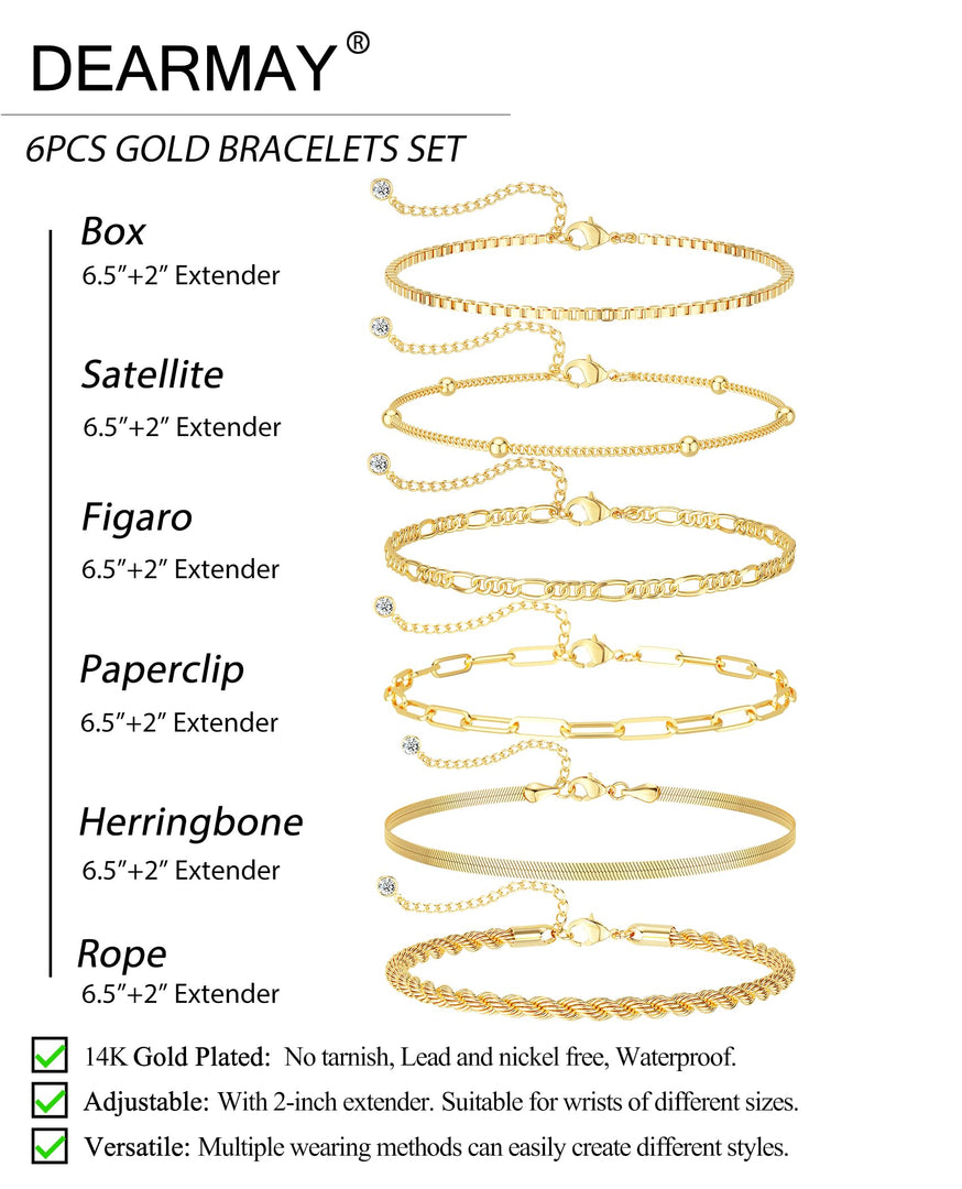 DEARMAY 14K Gold Plated Bracelets for Women Jewelry Sets Stack Trendy Dainty Stackable Paperclip Rope Snake Box Figaro Chain Bracelets Pack Costume Fashion Gifts