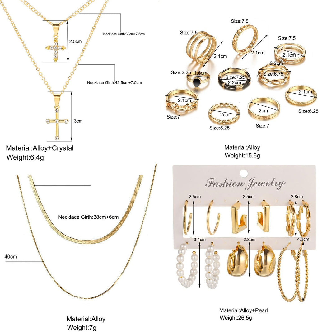 CONGYING 65 Pcs Gold Jewelry Set with 6Pcs Layered Necklace, 11 Pcs anklet and 7Pcs Earring Ear Cuff,11Hoop Earrings,15pcs Rings,15pcs stud earrings Jewerly set for Women Gift