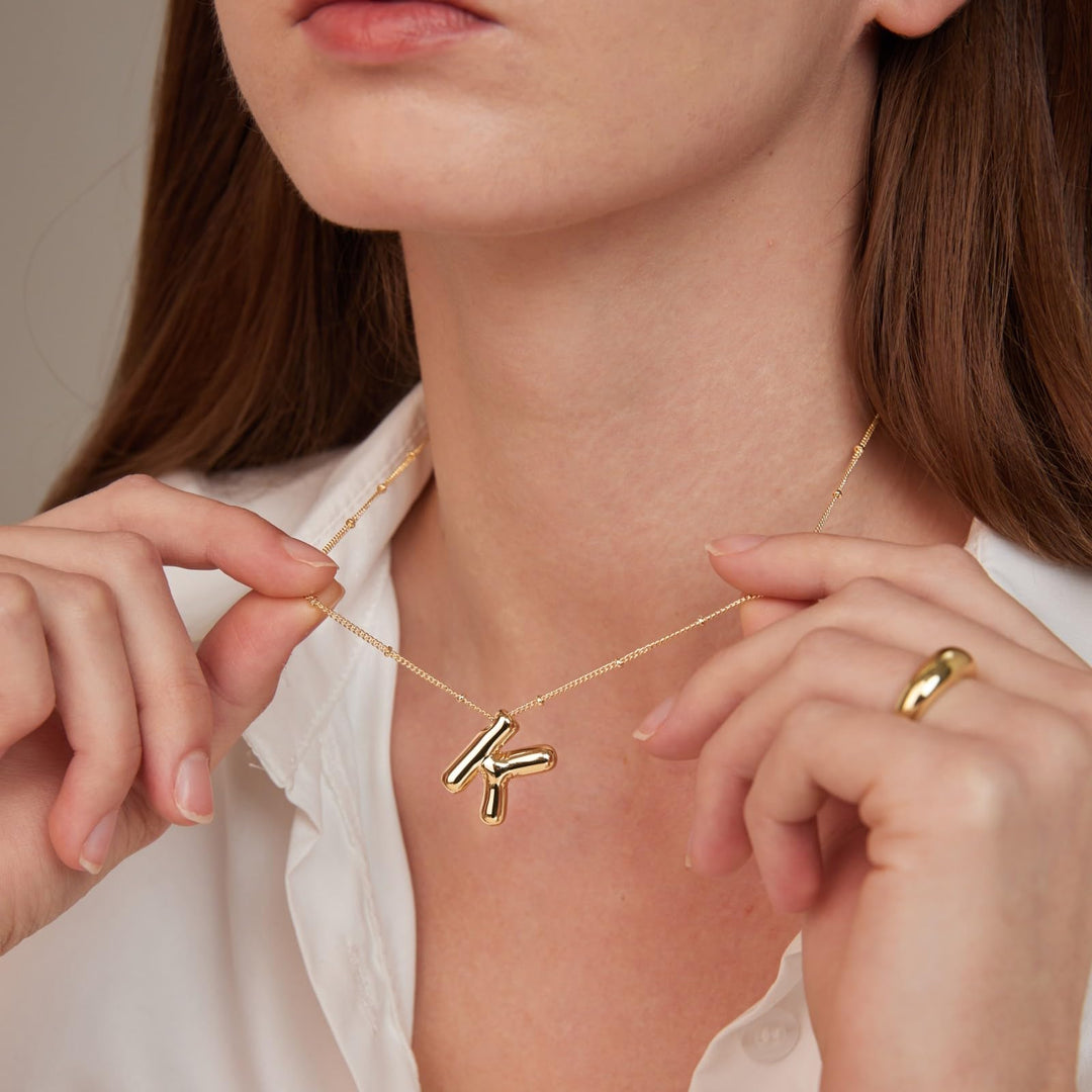 Bubble Letter Necklace for Women, Silver Plated Balloon Initial Letter Pendant Necklace Dainty Charm Initial Necklaces for Women Trendy Chunky Custom Name Necklace Silver Jewelry