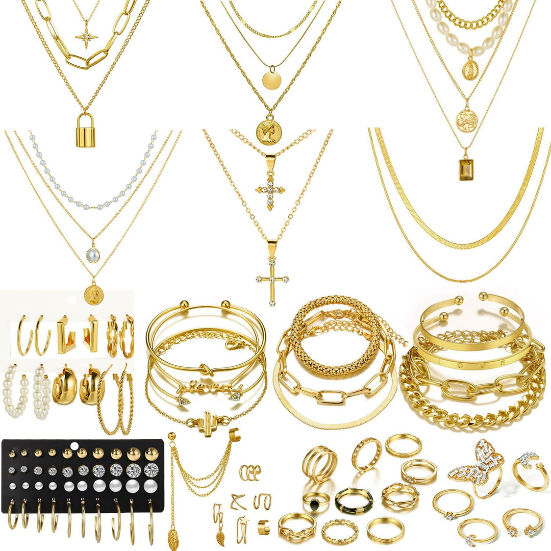 CONGYING 65 Pcs Gold Jewelry Set with 6Pcs Layered Necklace, 11 Pcs anklet and 7Pcs Earring Ear Cuff,11Hoop Earrings,15pcs Rings,15pcs stud earrings Jewerly set for Women Gift