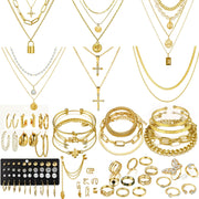 CONGYING 65 Pcs Gold Jewelry Set with 6Pcs Layered Necklace, 11 Pcs anklet and 7Pcs Earring Ear Cuff,11Hoop Earrings,15pcs Rings,15pcs stud earrings Jewerly set for Women Gift