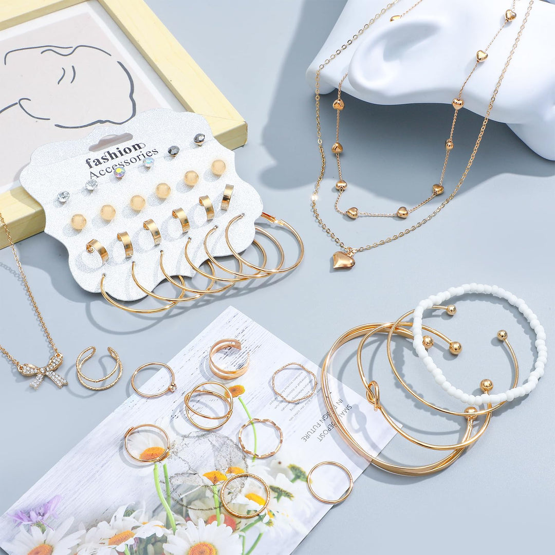 NEWITIN 49 Pieces Gold Jewelry Set for Women Fashion Costume Jewelry Gold Plated Necklace Bracelet Ring Earrings Set for Women