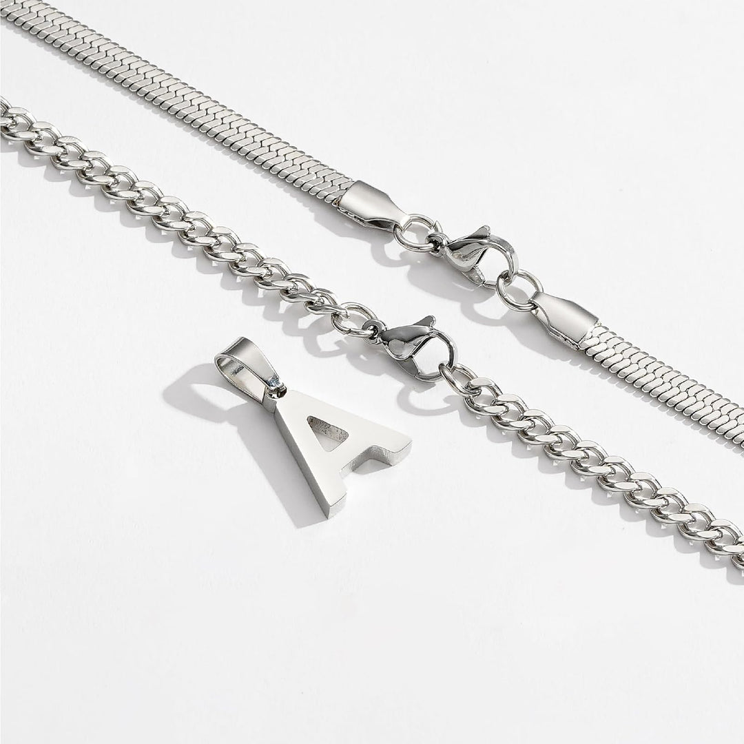 Layered Initial A-Z Pendant Necklaces for Men, Stainless Steel Letter Cuban Link Herringbone Chain Necklace Fashion Jewelry Gifts