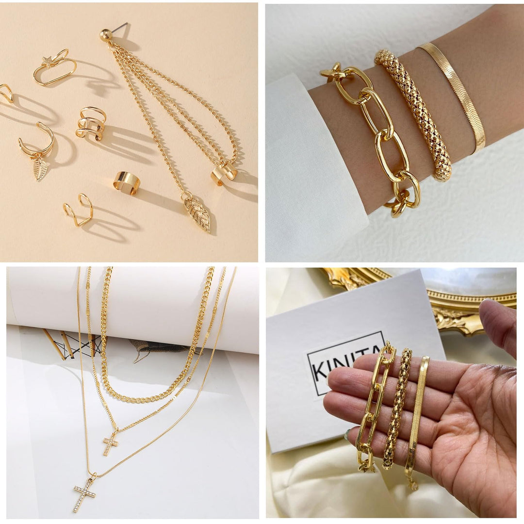 CONGYING 65 Pcs Gold Jewelry Set with 6Pcs Layered Necklace, 11 Pcs anklet and 7Pcs Earring Ear Cuff,11Hoop Earrings,15pcs Rings,15pcs stud earrings Jewerly set for Women Gift