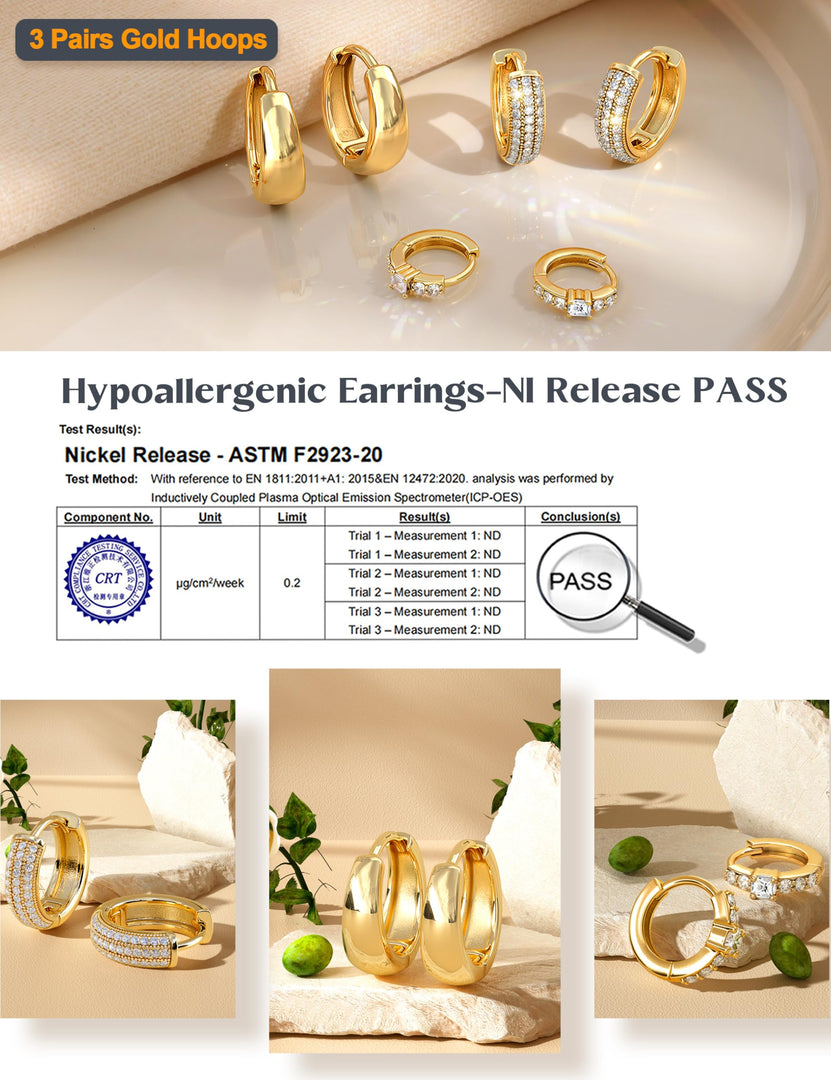 LOLIAS Small 14K Gold Plated Chunky Hoop Earrings for Women Hypoallergenic Silver Earrings Set for Sensitive Ears Non Tarnish Huggie Hoops Earring Stacks for Multiple Piercing Jewelry Lightweight 3Pairs Classic 14K Gold Plated