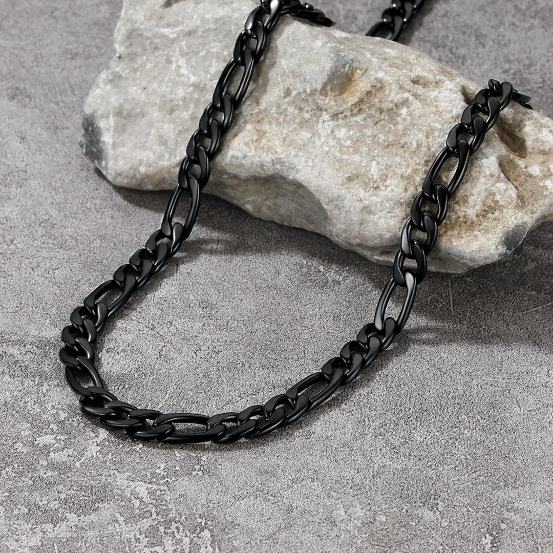 Mens Necklace Black Plated Smooth Figaro Chain 9mm Width 28 Inches Stylish Jewelry