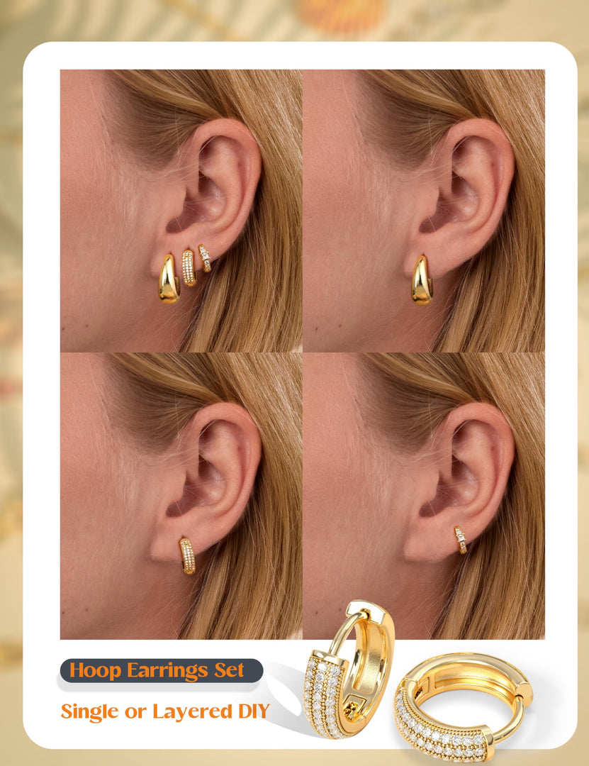 LOLIAS Small 14K Gold Plated Chunky Hoop Earrings for Women Hypoallergenic Silver Earrings Set for Sensitive Ears Non Tarnish Huggie Hoops Earring Stacks for Multiple Piercing Jewelry Lightweight 3Pairs Classic 14K Gold Plated