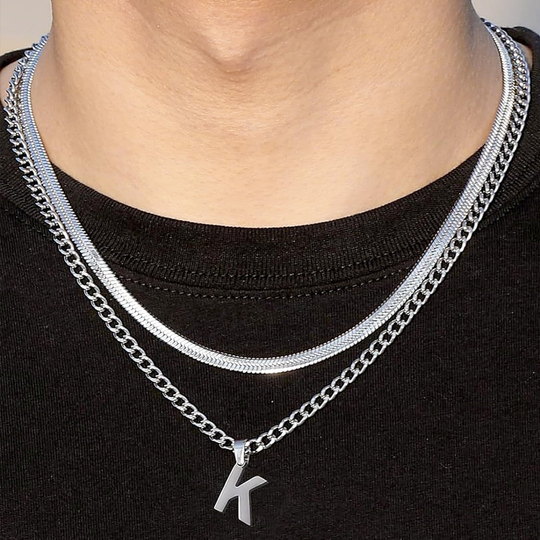 Layered Initial A-Z Pendant Necklaces for Men, Stainless Steel Letter Cuban Link Herringbone Chain Necklace Fashion Jewelry Gifts